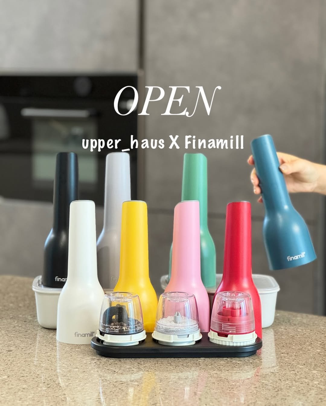 Photo by 어퍼하우스 / 홈 & 라이프스타일 on September 24, 2025. May be an image of coffee maker, measuring cups, bottle, carafe, can opener, water filter, cocktail shaker and text that says 'OPEN upper_haus upper_hausXFina upper haus x ausX Finamill finar finanif finami finamill"'.