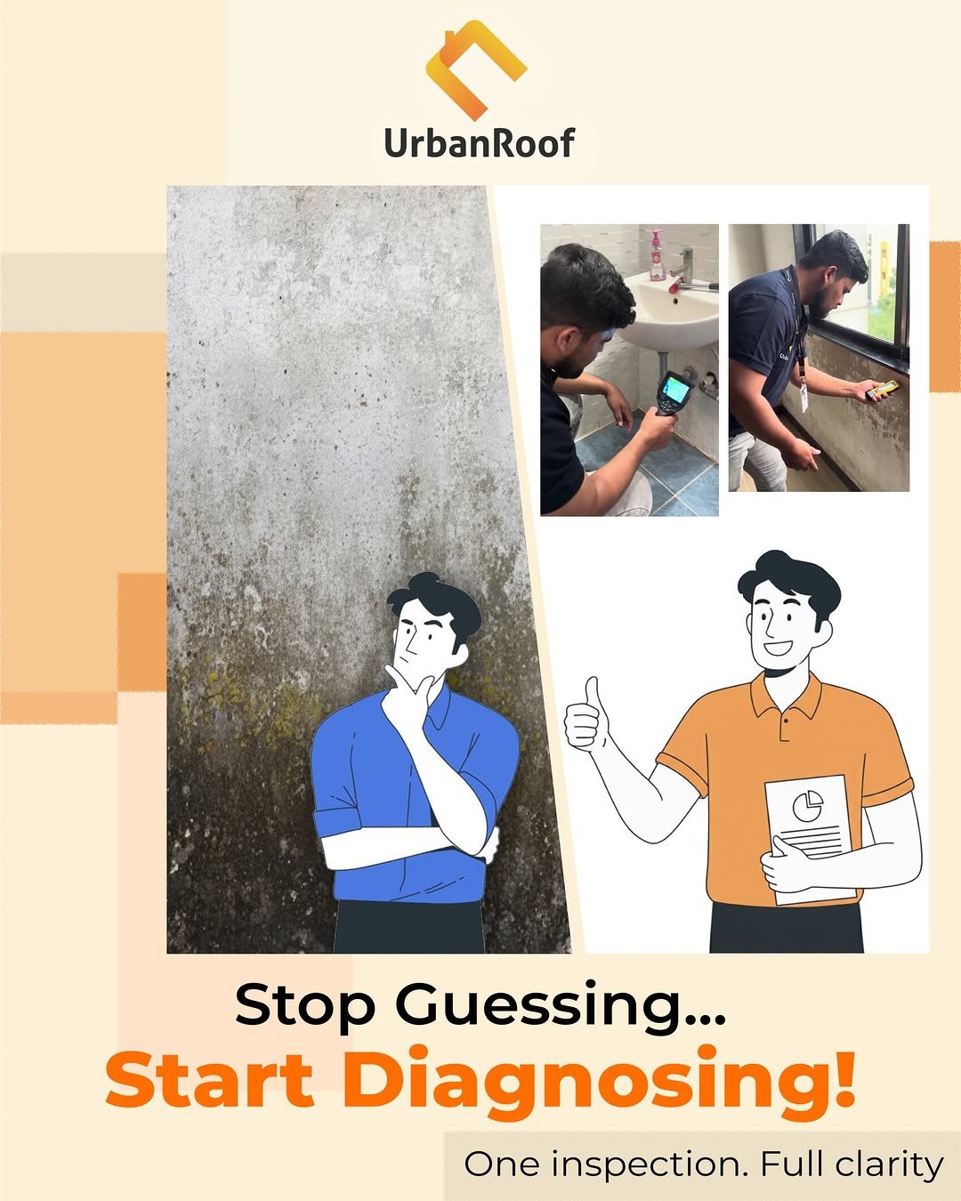 Photo by UrbanRoof on January 13, 2026. May be a graphic of phone, thermostat, poster and text that says 'UrbanRoof 1 I Stop Guessing... Start Diagnosing! One inspection. Full clarity'.