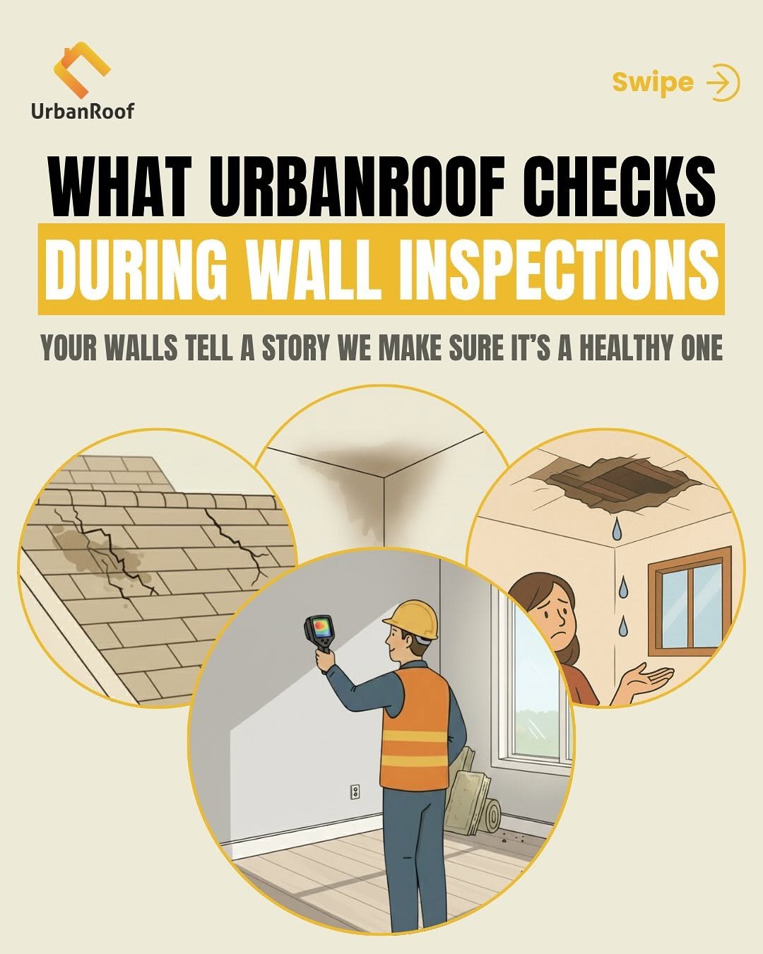 Photo by UrbanRoof on November 18, 2025. May be an image of text that says 'UrbanRoof Swipe → WHAT URBANROOF CHECKS DURING WALL INSPECTIONS YOUR WALLS TELL A STORY WE MAKE SURE IT'S A HEALTHY ONE I 日'.