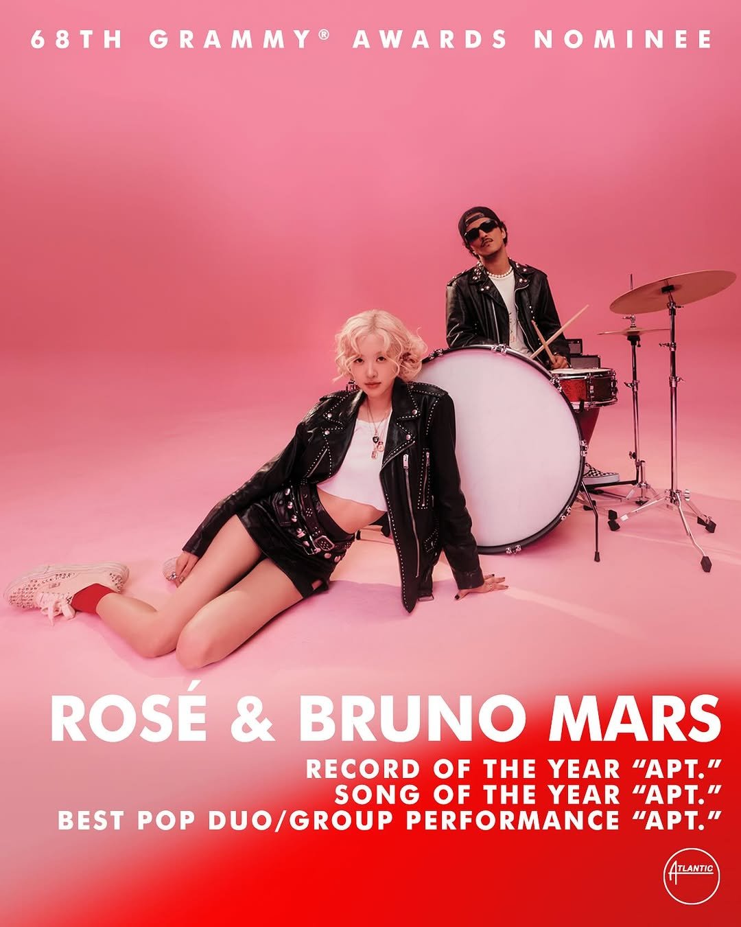 Photo shared by rosie on November 07, 2025 tagging @brunomars, and @roses_are_rosie. May be an image of poster, magazine and text that says '68TH GRAMMY® AWARDS NOMINEE NO ROSÉ & BRUNO MARS RECORD OF THE YEAR "APT." SONG OF THE YEAR "APT." POP DUO/ DUO/GROUP PERFORMANCE "APT." TLANTIC'.