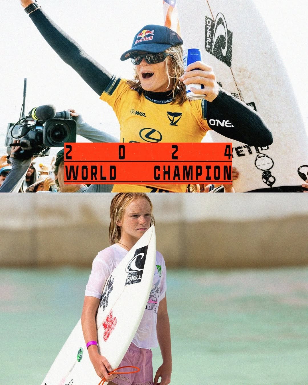 Photo shared by Stab Magazine on April 14, 2026 tagging @vanssurf, @wsl, @stab_high, and @caitysimmers. May be an image of surfboard, water and text that says 'TUNP LEASUS @WSL ONE 2 O WORLD C 2 4 CHAMPION 伊/ も物'.
