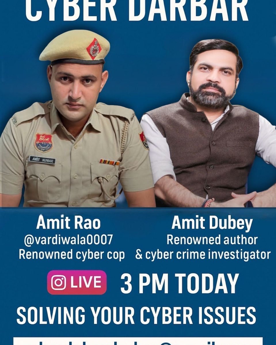 Photo shared by Amit Dubey on August 15, 2025 tagging @vardiwala0007. May be a Twitter screenshot of 2 people, magazine, poster and text that says 'CYBEK DARDAR AMITKIMAR AMIT KUMAR e Amit Rao @vardiwala0007 Renowned cyber cop LIVE Amit Dubey Renowned author & cyber crime investigator 3 PM TODAY SOLVING YOUR CYBER ISSUES'.