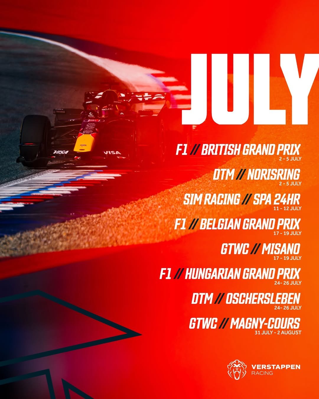 verstappencom 게시물 이미지: 📆 It’s July! Plenty of race action coming up...