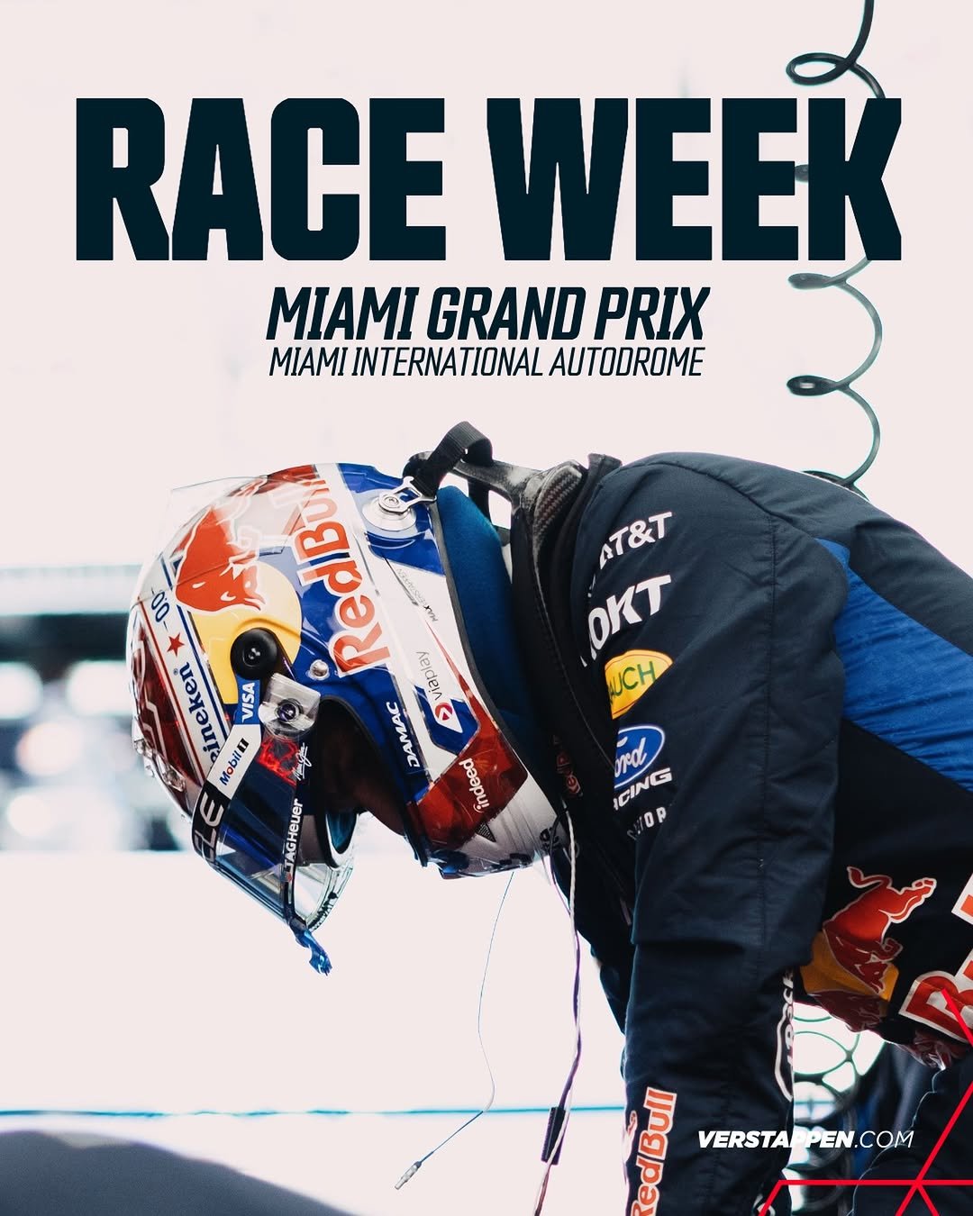 Photo by Verstappen.com on April 26, 2026. May be an image of ‎racing vehicles, race car, helmet, poster and ‎text that says '‎RACE WEEK MIAMI GRAND PRIX MIAMI INTERNA INTERNATIONAL TIONAL AUTODROME AT&T AT&T OKT UCH 0O Co جسم RedB viaplay ineken MobilEr VISA DAMAC 2 ÁGHeuer T îndeed nd CING OP edBull VERSTA PPEN.COM‎'‎‎.