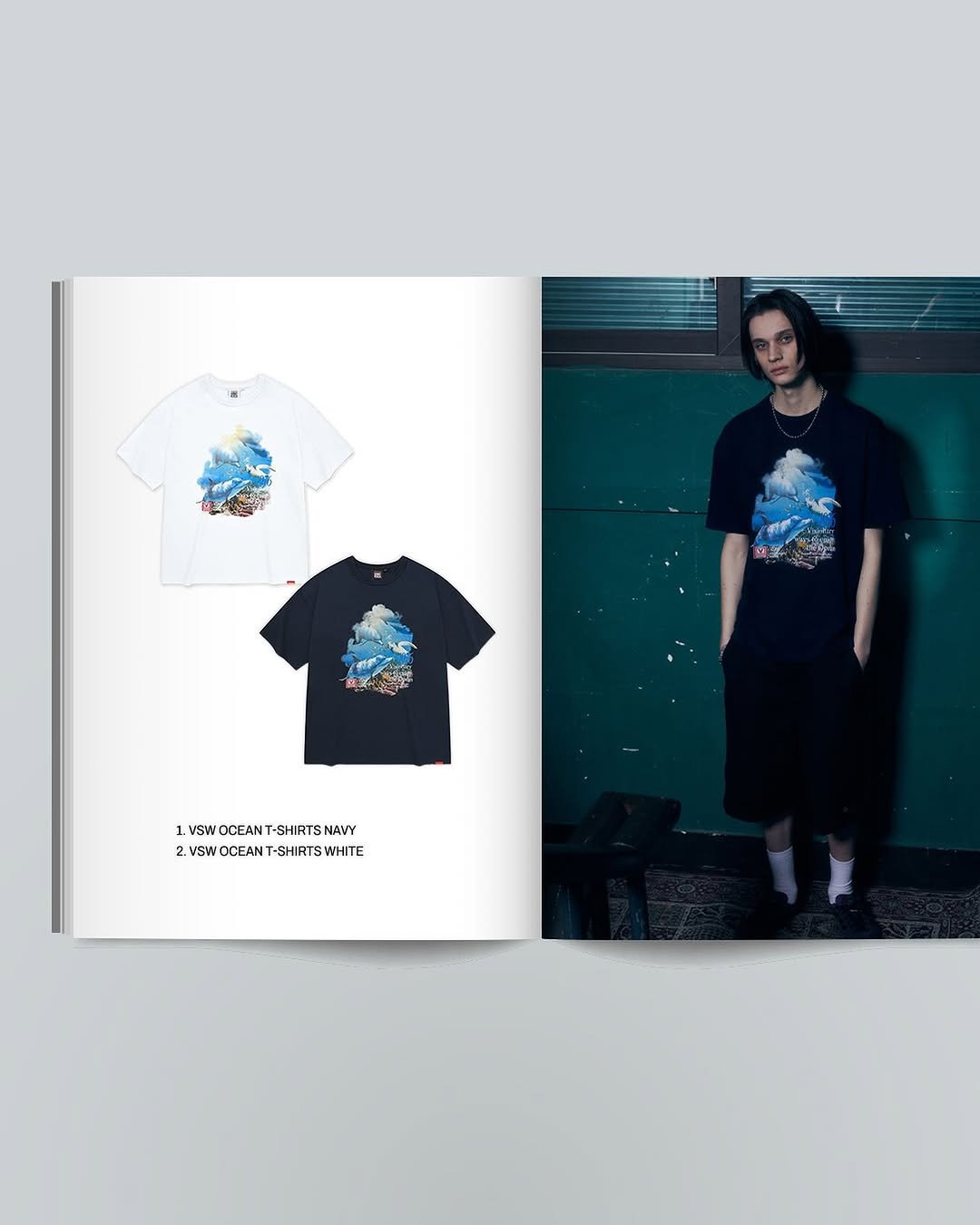 Photo by 비전스트릿웨어 on August 17, 2025. May be a graphic of 1 person, magazine and text that says '1.VSWOCEANT-SHIRTSNAVY S 1V SW WOCEANT-SHIRTS OCEAN T-SHIRTS NAVY 2.VSWOCEANT-SHIRTSWIHTE SWHITE 2.V SWOCEANT-SHIRTSH NO DCEANT'.