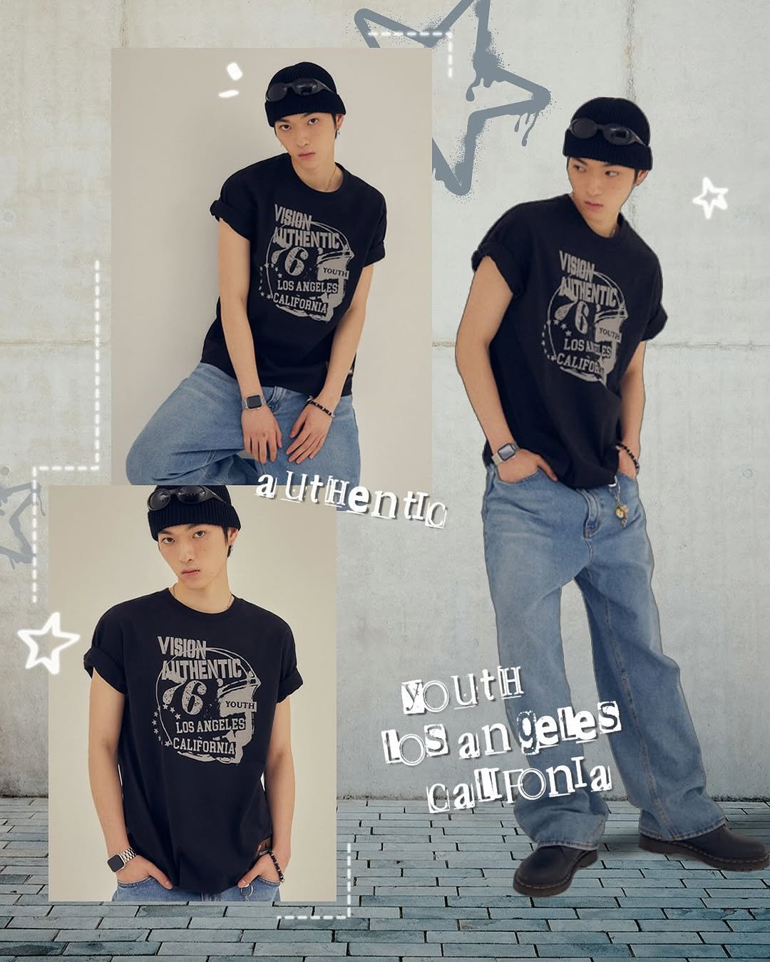 Photo by 비전스트릿웨어 on August 21, 2025. May be an image of 3 people, hat, top, sweatpants and text that says 'VISIDM ITHENTIC TουTи LOSANGELES ELES ALIFORN VISIDN AIENTIC aUthentio VISION JUTHENTIC ኖ YOUTH LOSANGELES LOS LOSA ANGELES CALIFORNIA 0o outh LOS bbSangeles a n geleS Callfonta'.