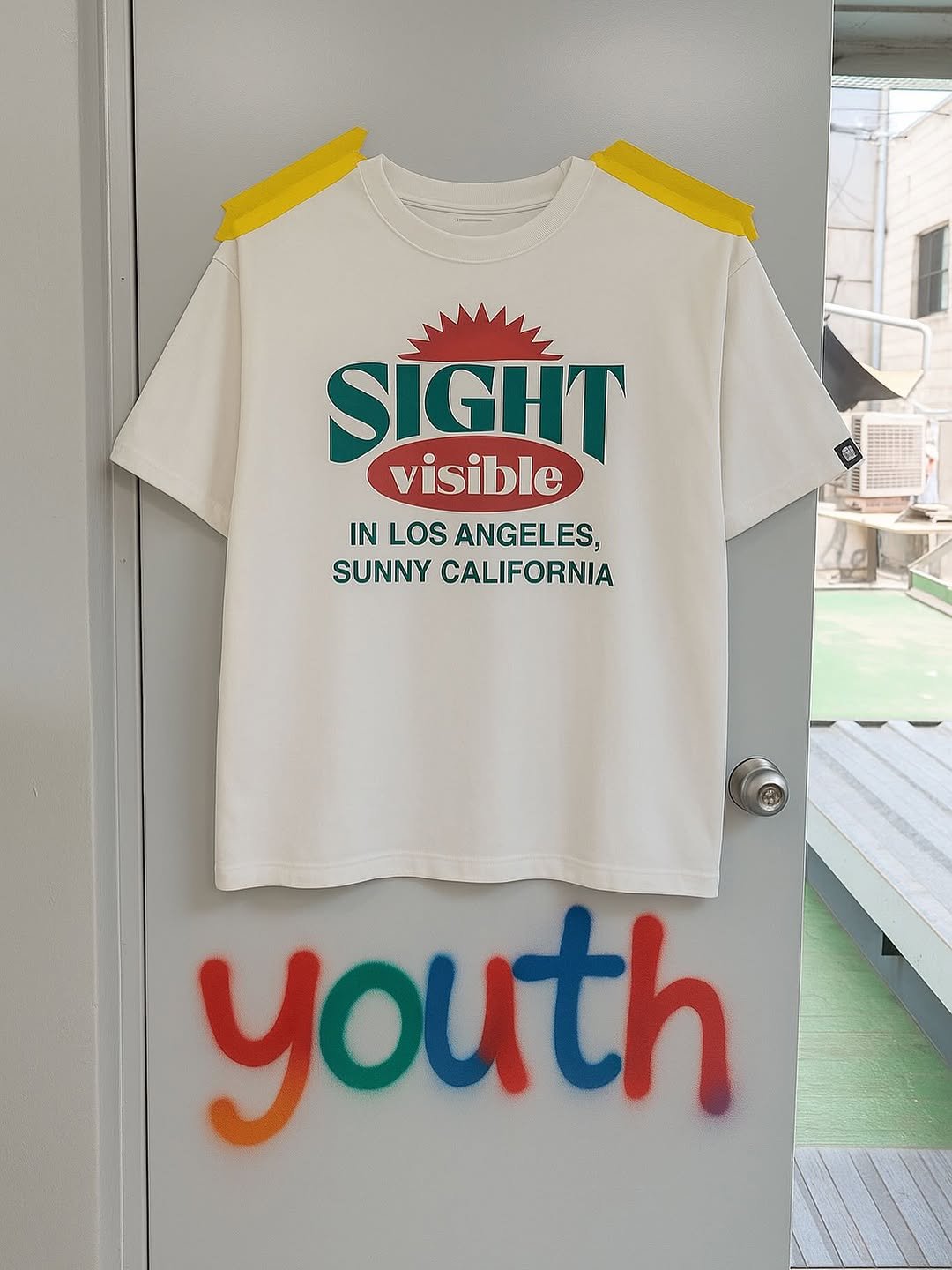 Photo by 비전스트릿웨어 on July 27, 2025. May be a graphic of banner, poster and text that says 'S SIGHT visible IN LOS SANGELES, SUNNY CALIFORNIA youth'.