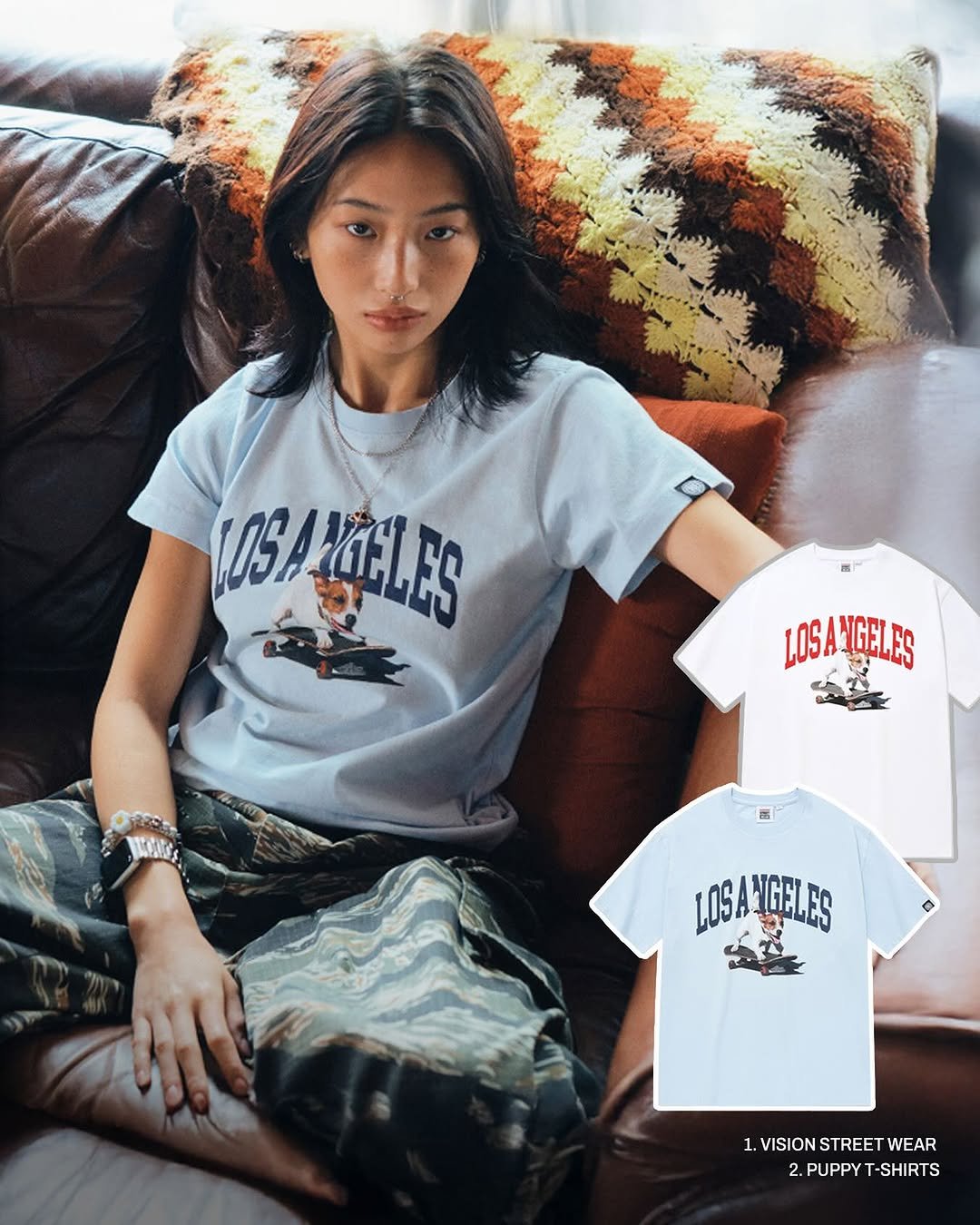 Photo by 비전스트릿웨어 on August 07, 2025. May be an image of 1 person, sportswear and text that says 'LOSARIGELES LOSAYGELES IGELES LOS LOS BAYGELES محب 1. VISIONSTREETWEAR VISION STREET WEAR 2.PUPPYT-SHIRTS 2.'.