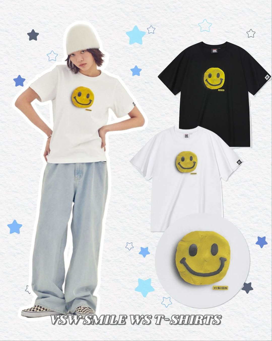 Photo by 비전스트릿웨어 on August 28, 2025. May be an image of sweatpants and text that says '區 - - VISION VISION VSW VSWSMILE SWSMILEWST-SHIRTS SMILE WS T-SHIRTS T-'.
