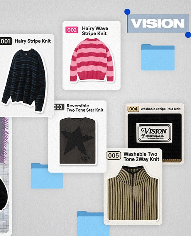 Photo by 비전스트릿웨어 on September 23, 2025. May be a graphic of eyeglasses, duffle coat, clothes hanger, card, magazine, clipboard, poster and text that says '001 002 Hairy Stripe Knit Hairy HairyWave Wave Stripe StripeKnit Knit VISION 003 Reversible Two Tone TwoToneStarKnit Star Knit 004 Washable Stripe Polo Knit VISION தமை STRIITWIARCO ΗΤИΑRΟΟ. 005 Tone2Way Tone 2Way Knit Washable Two'.