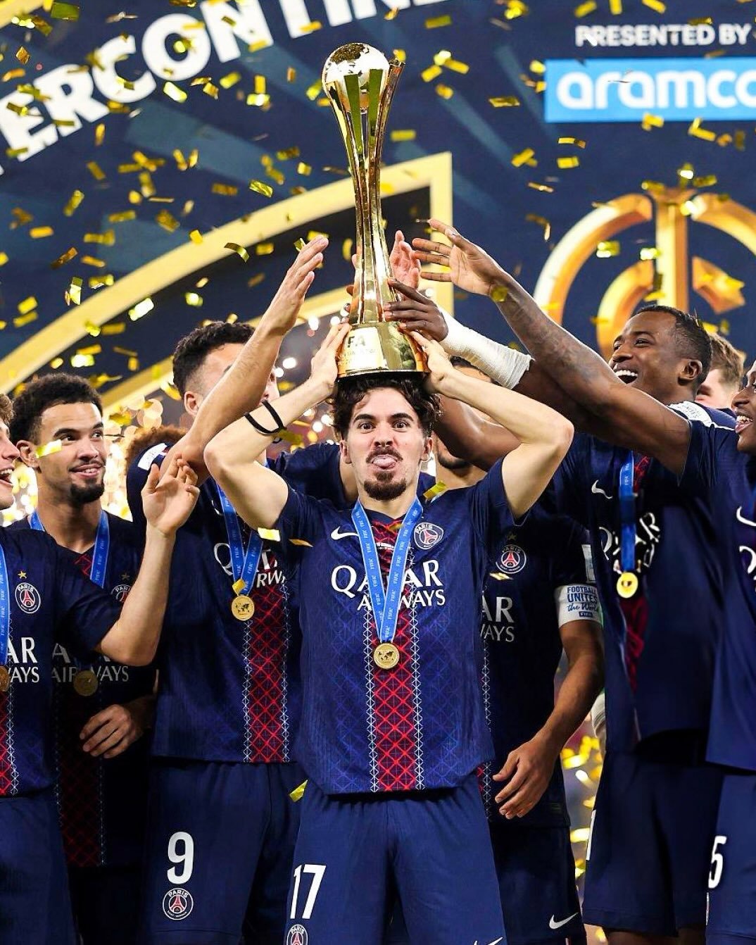 Photo shared by Vítor Ferreira on December 17, 2025 tagging @psg. May be an image of football, soccer, ball and text that says 'PRESENTED BY aramc ERCONY CIL RWi R 'AYS Q ALANAYS VE VAYS QAVAR AR AлP 9 ግ 17 ึ 5'.