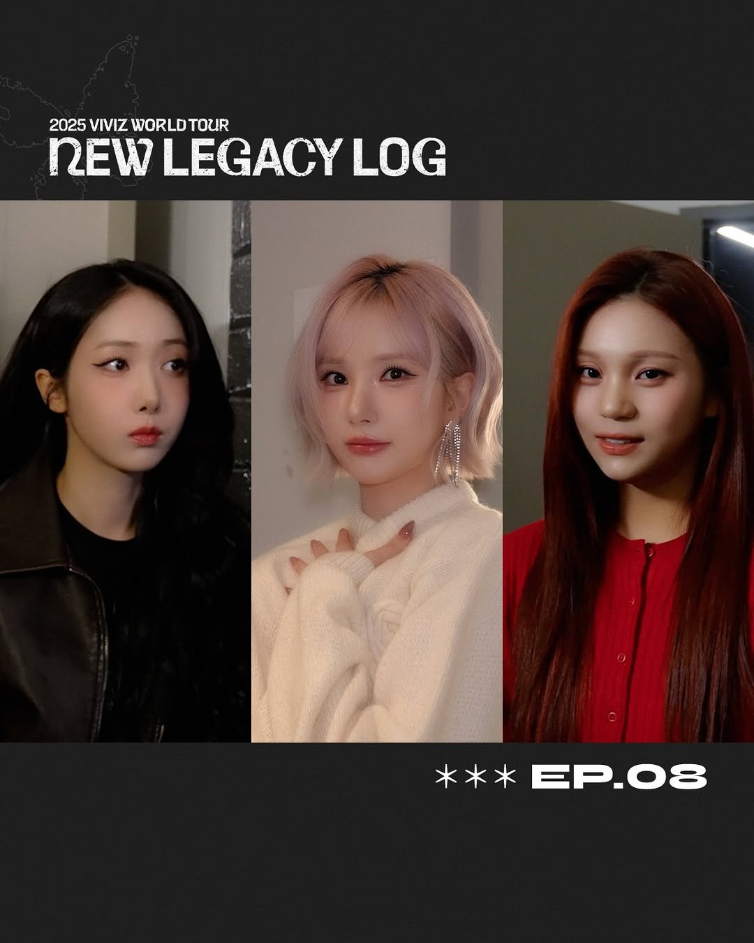 Photo shared by VIVIZ 비비지 on February 04, 2026 tagging @rlo.ldl, @bscenez, and @ummmmm_j.i. May be an image of one or more people, hair, poster and text that says '2025VIVIZWORLDTOUR 2025 NEW VIVIZ WORLD TOUR LEGACY REWLEGACYLOG LOG *** EP ***EP.08 EP.O8 08'.