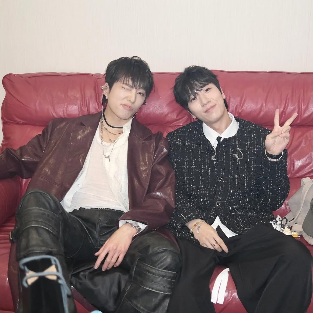 Photo shared by 강승윤 KANGSEUNGYOON on March 19, 2026 tagging @ho_ryun_. May be an image of one or more people, bangs, bolo tie and text.