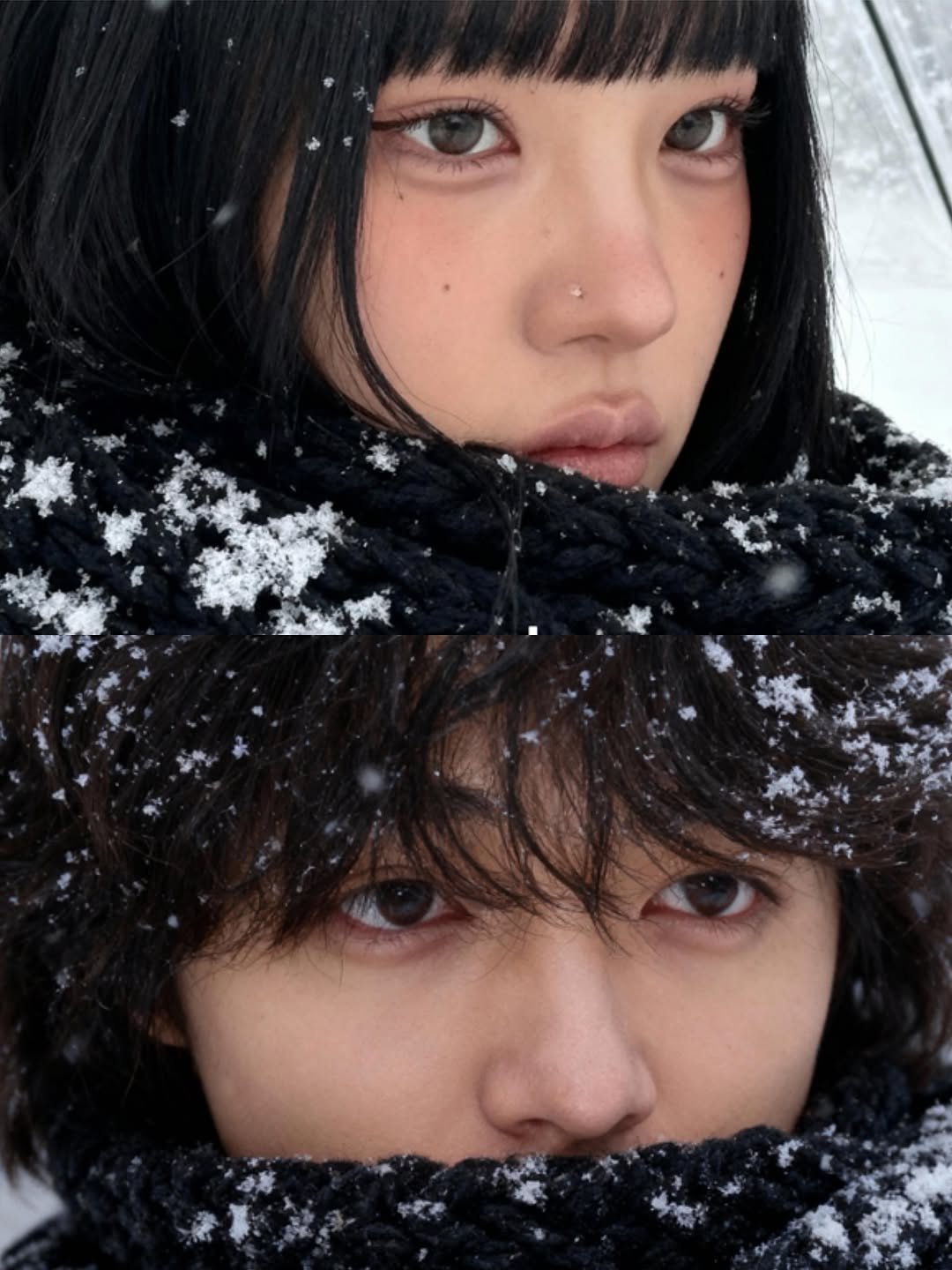 Photo shared by 왕십리 커플🤍 on October 31, 2025 tagging @wangsimniboy, and @bobaerit. May be a closeup of one or more people, hair, duffle coat, parka, snow and text.