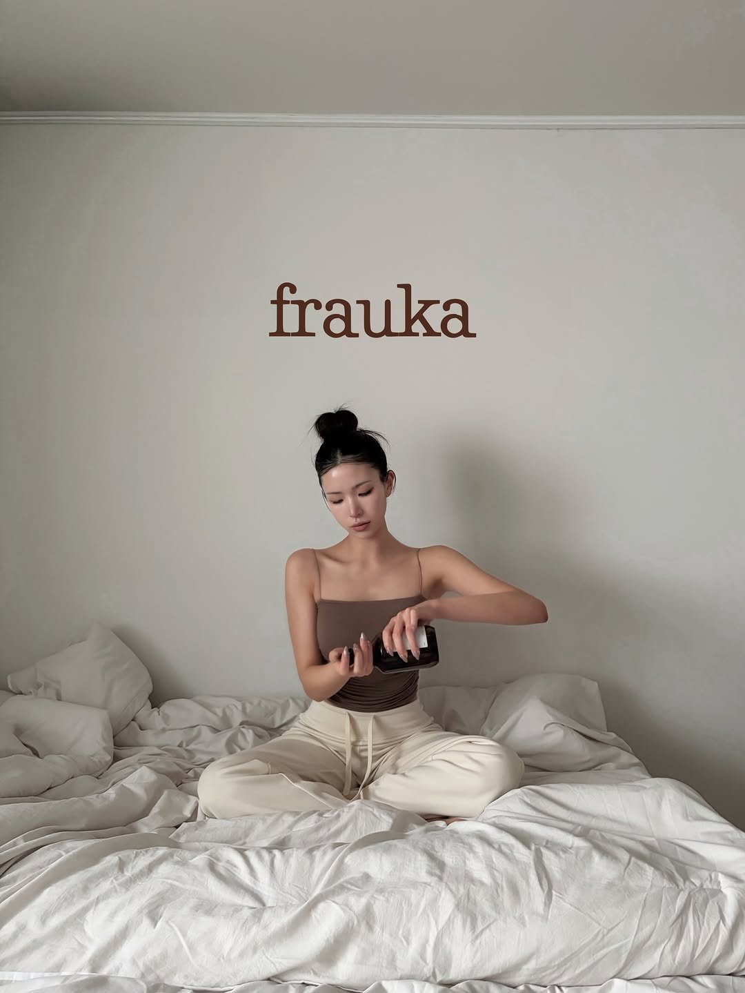 Photo shared by swan on January 02, 2026 tagging @frauka.official. May be an image of sleepwear, bed and text that says 'frauka'.