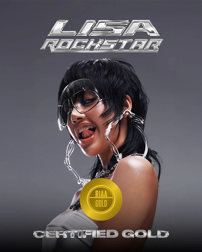 Photo shared by LLOUD on October 03, 2025 tagging @lalalalisa_m. May be pop art of 1 person, poster, magazine and text that says 'LISA ROCHSTAR RIAA GOLD CERTIFIED CERTUFIEDGOLD GOLD'.