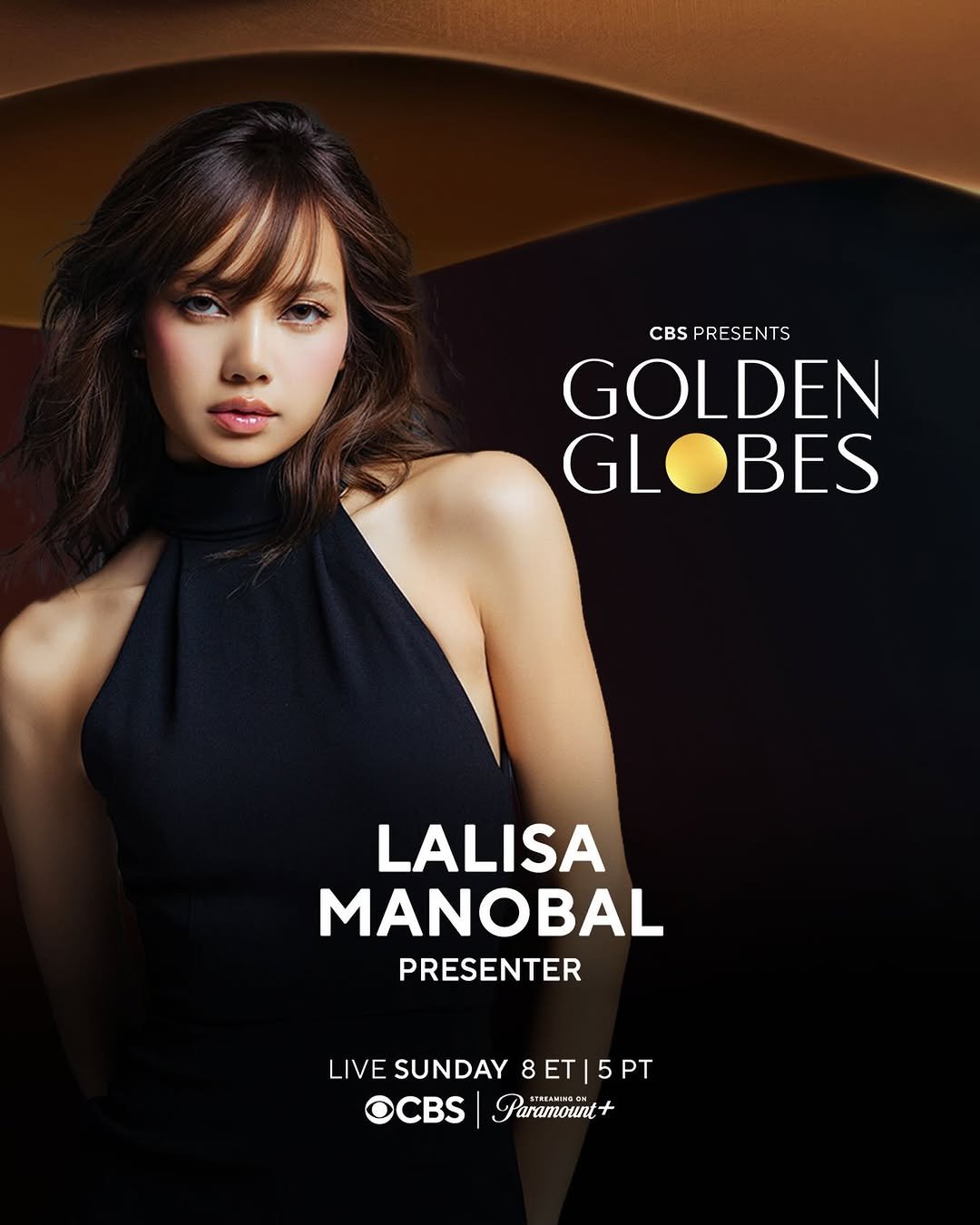 Photo shared by LLOUD on January 08, 2026 tagging @lalalalisa_m. May be an image of magazine, poster and text that says 'CBSPRESENTS CBS PRESENTS GOLDEN GL GLOBES BES LALISA MANOBAL PRESENTER LIVE SUNDAY 8 ET LIVESUNDAY8ET5PT 5 5PT OCBS Paramount +'.