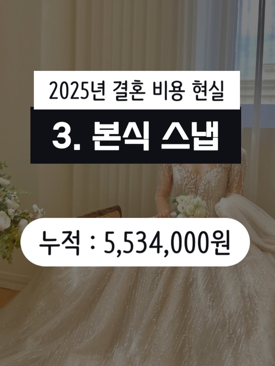 Photo by 결혼 영수증 | 신혼 • 재테크 on September 18, 2025. May be an image of text that says '2025년 결혼 비용 현실 3. 본식 스냅 누적 누적:5,534,000 5,534,000원 000원'.