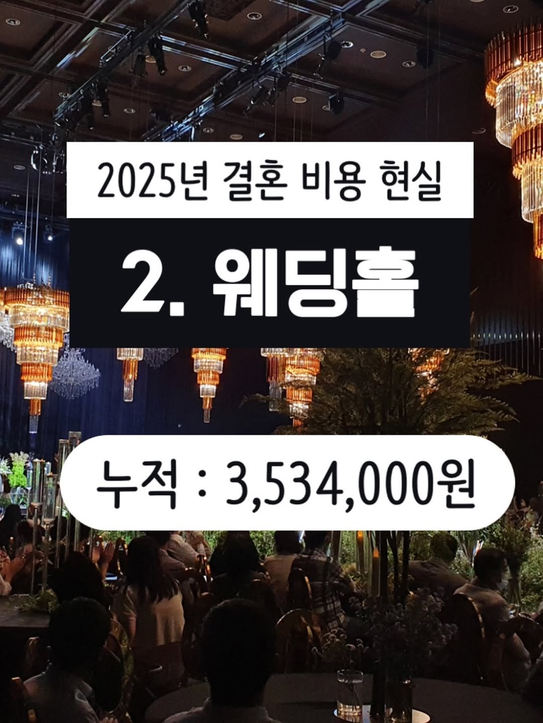 Photo by 결혼 영수증 | 신혼 • 재테크 on September 09, 2025. May be an image of 1 person and text that says '2025년 년 결혼 비용 현실 2. 웨딩홀 Nnashi .集 重造 ThtG 누적: :3,534,000원'.