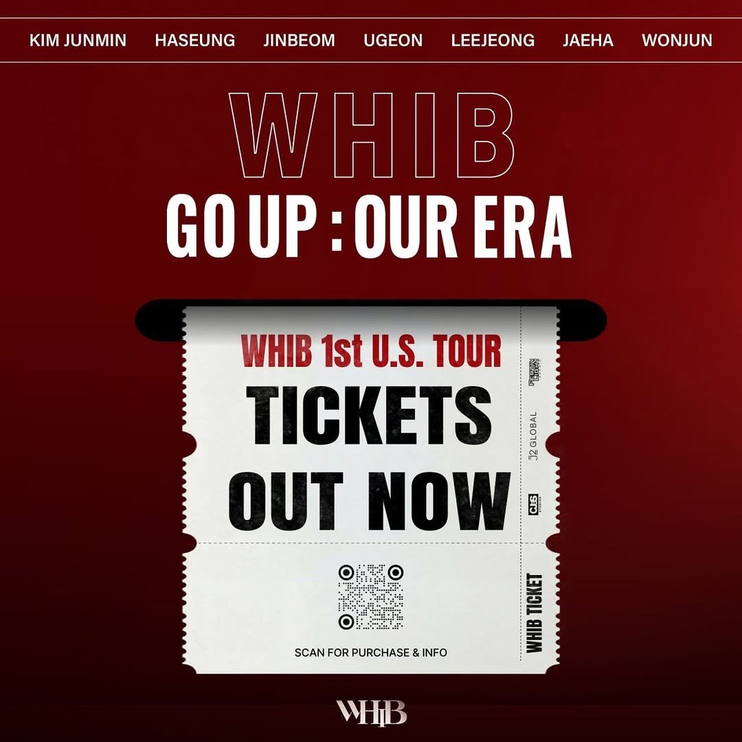 Photo shared by FESTIVAL OF LIGHTS AMERICA on March 16, 2026 tagging @whib_official. May be an image of poster, magazine and text that says 'KIM JUNMIN HASEUNG JINBEOM UGEON LEEJEONG JAEHA WONJUN WHIB GO UP OUR ERA WHIB 1st U.S. TOUR TICKETS ព្ទា OUT NOW ริว 自品 おt 13พ SCANFORPURCHASE&INFO FOR PURCHASE& INFO SCAN ИΗB'.