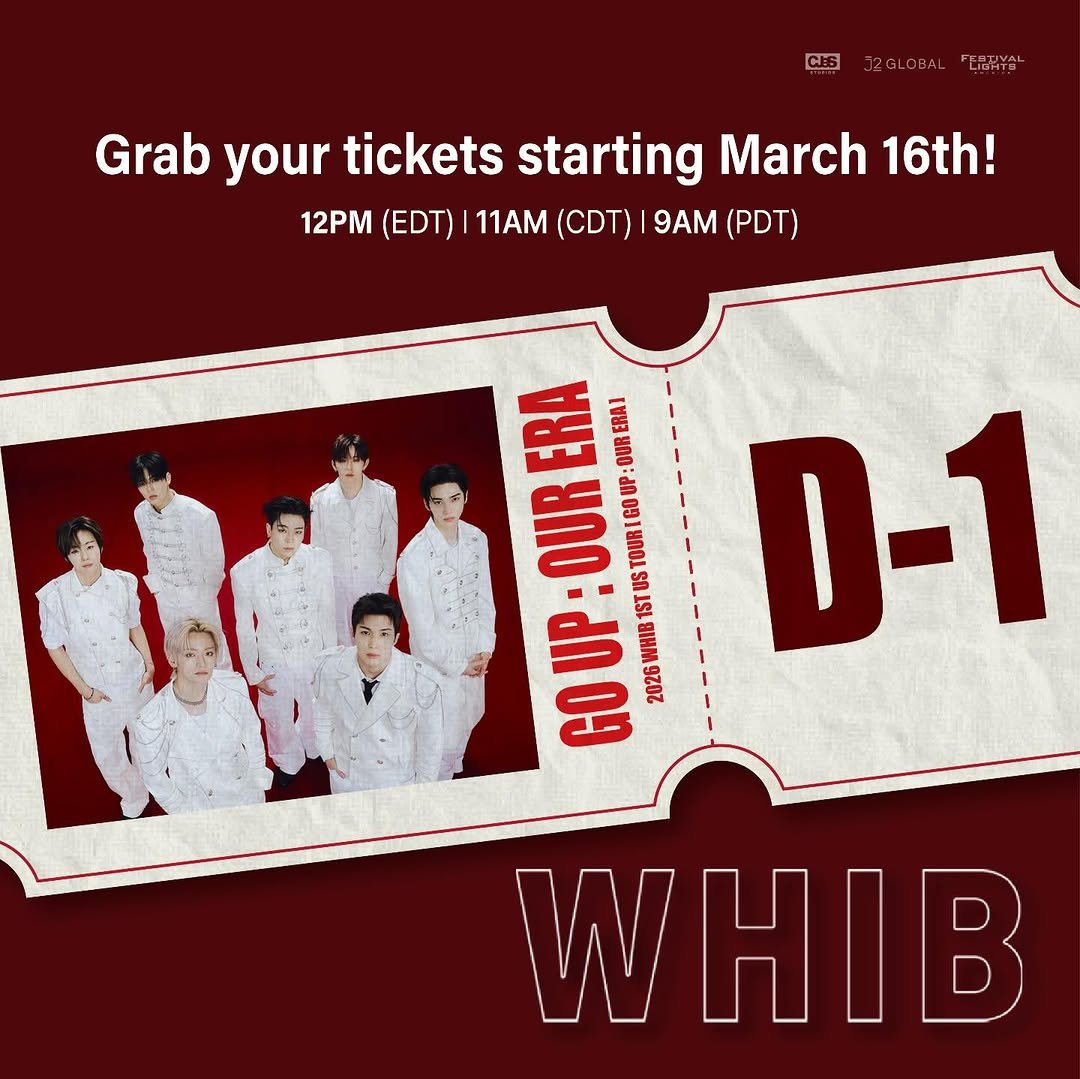 Photo shared by FESTIVAL OF LIGHTS AMERICA on March 15, 2026 tagging @whib_official. May be an image of poster and text that says 'CEGLDBALFEERYA J2GLDEAL CJS Grab your tickets starting March 16th! 12PM (EDT)| 11AM (CDT) 9AM (PDT) ERA OURER IG ERA] :OURERA] OUR UP TOURIG ST STUSTOUR STUS D-1 GOUP GOUP:OURERA 2026WKIB1STUSTOURIGOUP:OUREMA! 2026WHIB WHIB 2026 WHIB'.