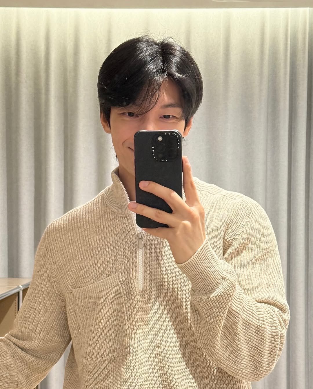 Photo shared by 위하준 Wi Ha Jun on October 13, 2025 tagging @brunellocucinelli_brand. May be a selfie of duffle coat, clothes hanger, sweater, turtleneck, mirror and text.