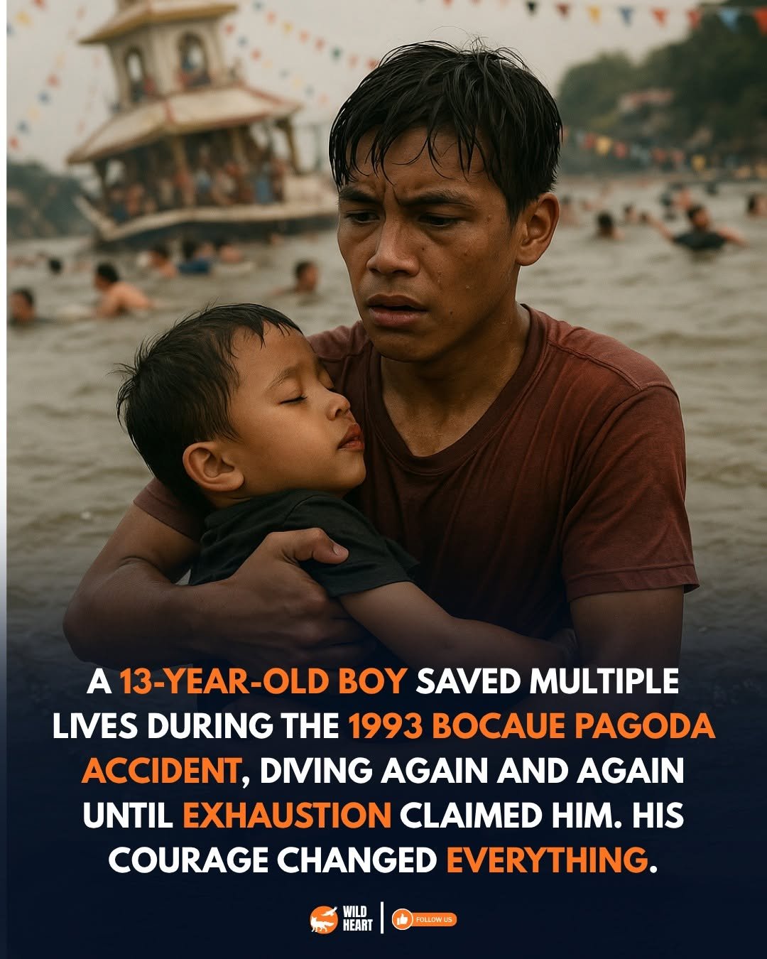 Photo by Wild Heart on November 14, 2025. May be an image of one or more people, poster and text that says 'A A13 13-YEAR-OLD BOY SAVED MULTIPLE LIVES DURING HE 1993 BOCAUE PAGODA ACCIDENT, DIVING AGAIN AND AGAIN UNTIL EXHAUSTION CLAIMED HIM. HIS COURAGE CHANGED EVERYTHING. WILD HEART FOLLOWUS FOLLOW'.