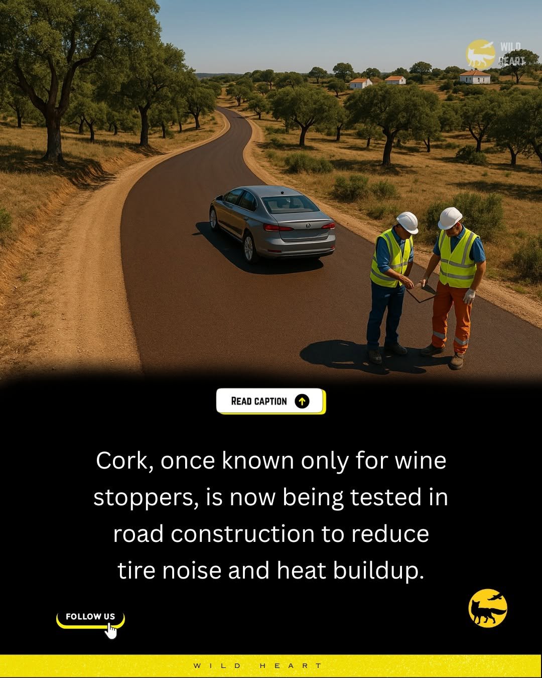 Photo by Wild Heart on October 04, 2025. May be a cartoon of 2 people, car, poster, road and text that says 'WILD HEARb 戦 READ CAPTION Cork, once known only for wine stoppers, is now being tested in road construction to reduce tire noise and heat buildup. FOLLOW US WILD HEART'.