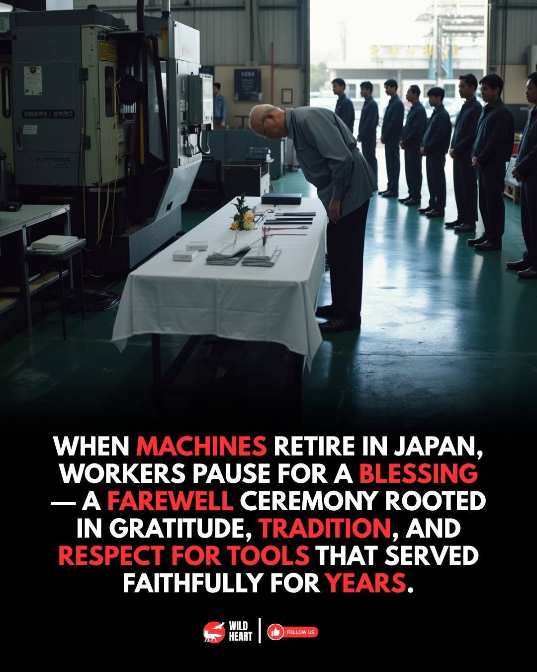 Photo by Wild Heart on November 15, 2025. May be an image of ‎text that says '‎WHEN MACHINES RETIRE IN JAPAN, WORKERS PAUSE FOR A BLESSING -A A FAREWELL CEREMONY ROOTED IN GRATITUDE, TRADITION, AND RESPECT FOR TOOLS THAT SERVED FAITHFULLY FOR YEARS. WILD HEART اللمي FOLLOWS‎'‎.