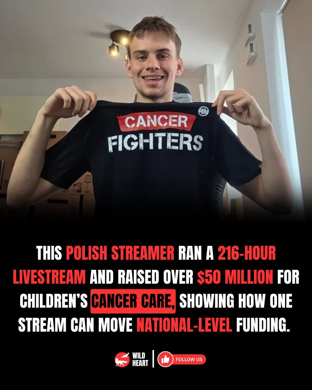 Photo by Wild Heart on April 27, 2026. May be a Twitter screenshot of ‎one or more people, people standing and ‎text that says '‎CANCER FIGHTERS THIS POLISH STREAMER RAN A 216-HOUR LIVESTREAM AND RAISEI OVER $50 MILLION FOR CHILDREN'S CANCER CARE, SHOWING HOW ONE STREAM CAN MOVE NATIONAL-LEVEL FUNDING. לכת WILD HEART FOLLOWUS US‎'‎‎.