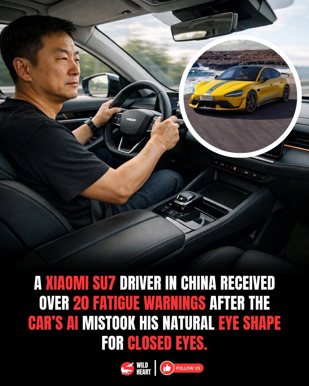 Photo by Wild Heart on February 18, 2026. May be an image of poster, wheel, windshield, sedan and text that says 'yжom A XIAOMI SU7 DRIVER IN CHINA RECEIVED OVER 20 FATIGUE WARNINGS AFTER THE CAR'S AI MISTOOK HIS NATURAL EYE SHAPE FOR CLOSED EYES. WILD HEART FOLLOW US'.