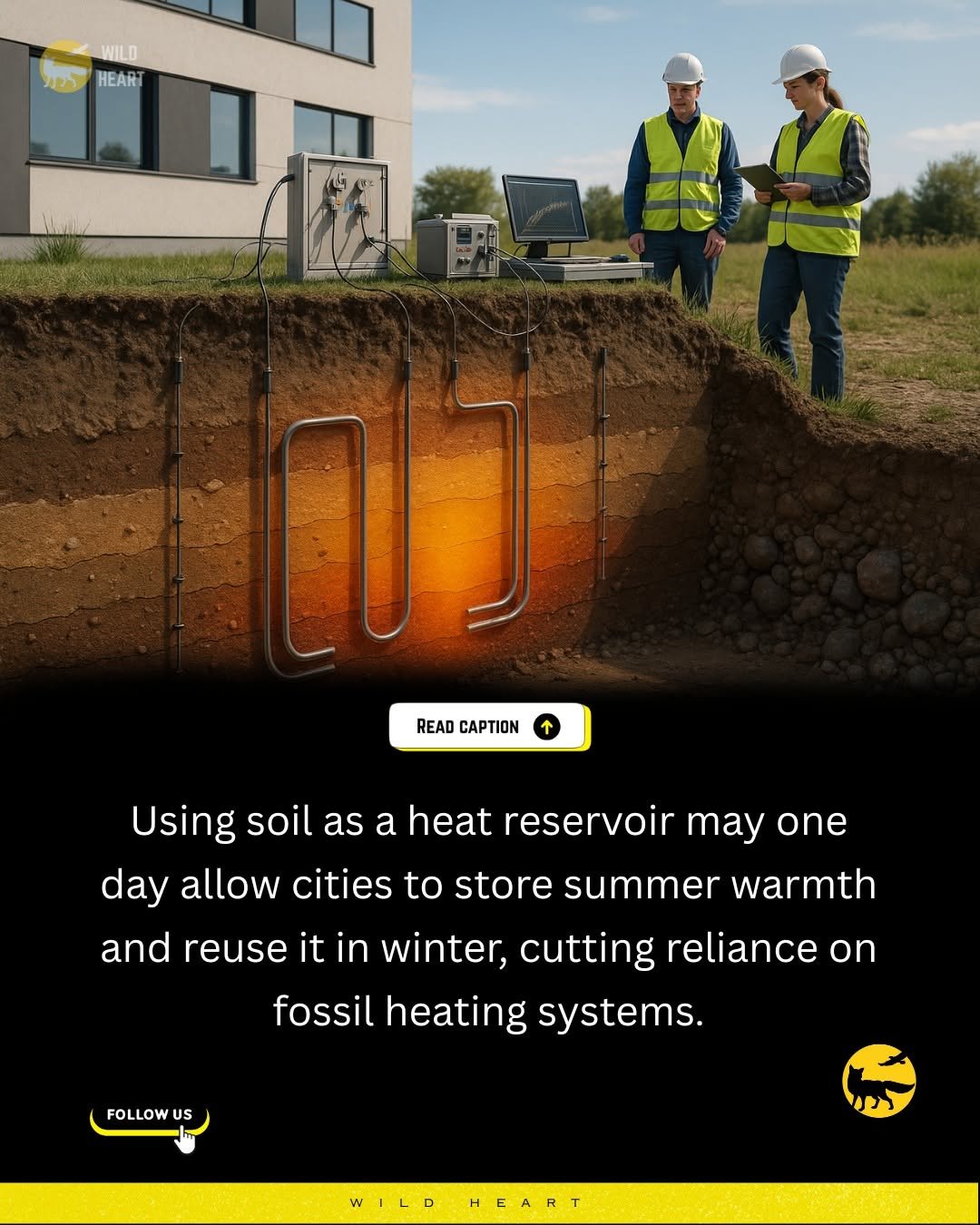 Photo by Wild Heart on October 06, 2025. May be an image of 2 people, magazine, poster and text that says 'WILD HEART READ CAPTION Using soil as a heat reservoir may one day allow cities to store summer warmth and reuse it in winter, cutting reliance on fossil heating FOLLOW US systems WILD HEART'.