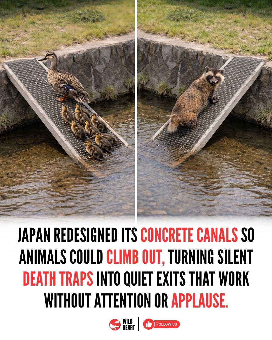 Photo by Wild Heart on January 03, 2026. May be an image of crocodile, tiger and text that says 'JAPAN REDESIGNED ITS CONCRETE CANALS SO ANIMALS COULD CLIMB OUT, TURNING SILENT DEATH TRAPS INTO QUIET EXITS THAT WORK WITHOUT ATTENTION OR APPLAUSE. WILD HEART FOLLOW US'.