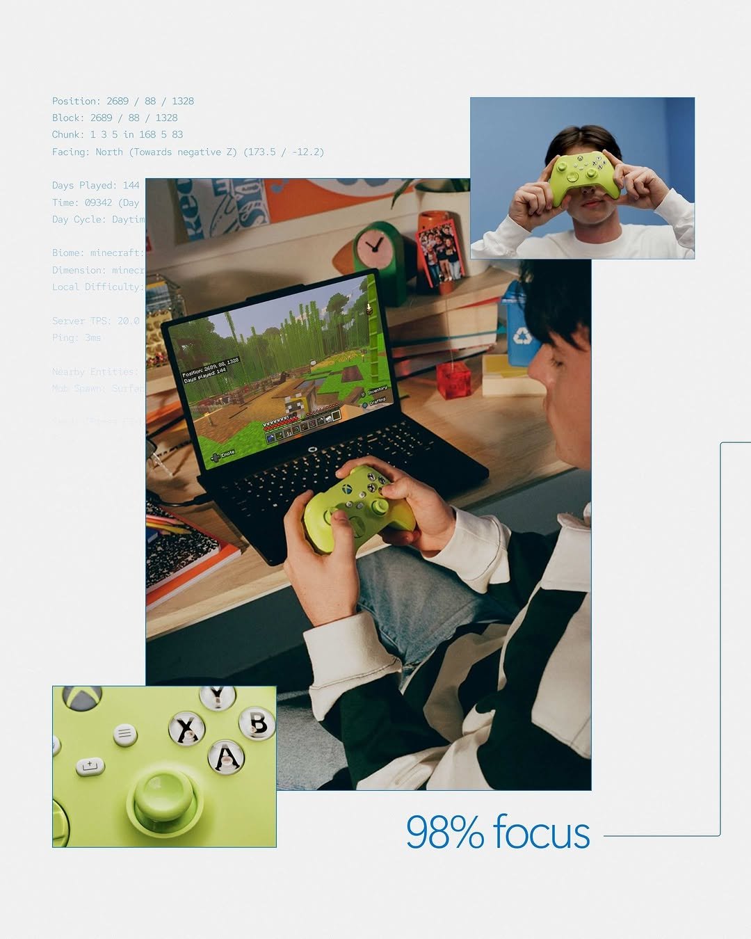 A student plays Minecraft on a Windows laptop using a green Xbox controller, with a dorm desk setup visible including books, a desk clock, and photos. Text overlay reads '98% focus,' alongside Minecraft HUD data showing position, days played, and biome stats.