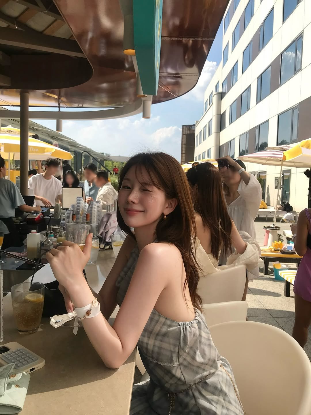 Photo shared by 사 사  sasa on December 31, 2025 tagging @with__sasa. May be an image of one or more people, hair, drink, sundress and text.