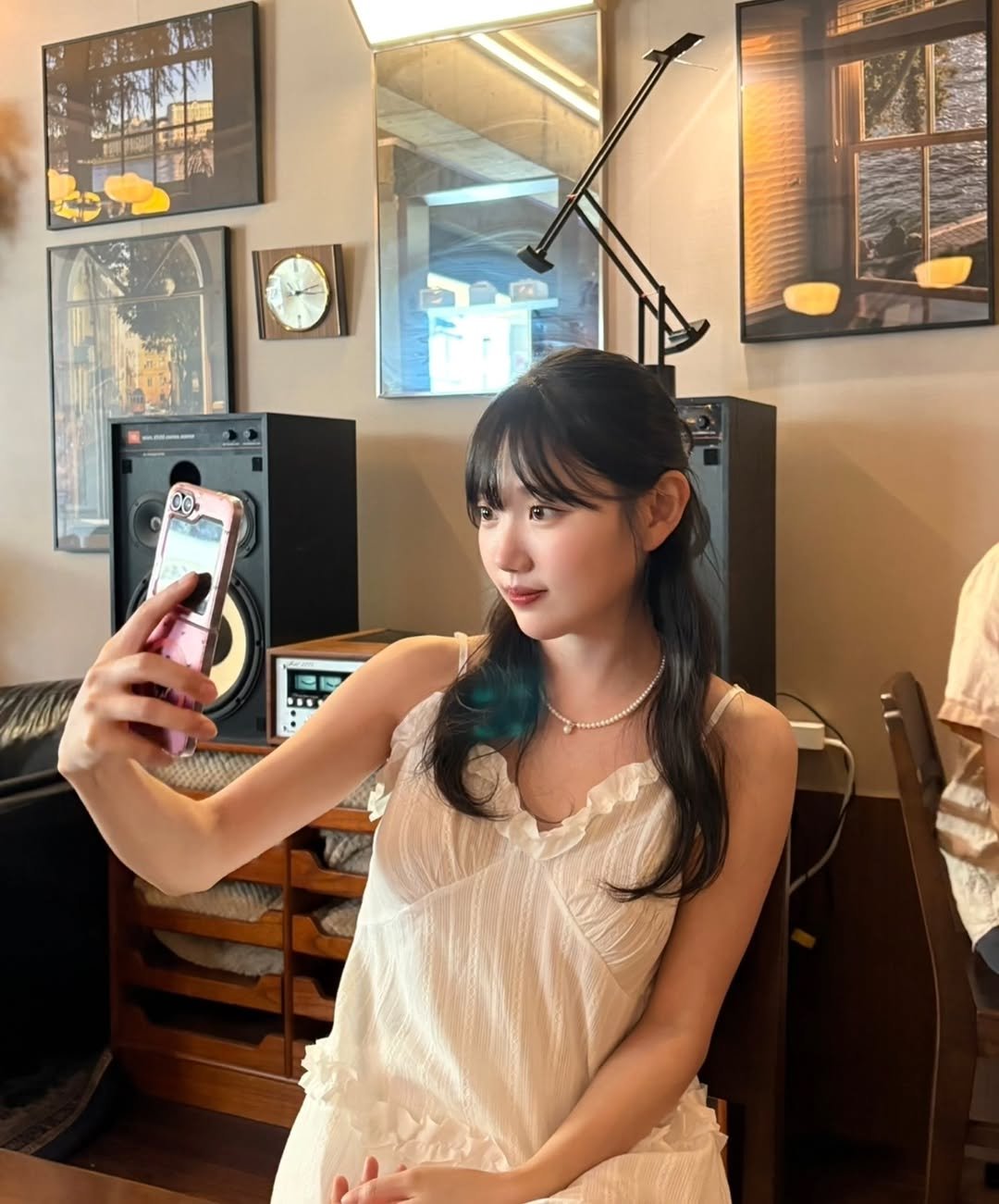 Photo shared by 조채윤 on September 11, 2025 tagging @bettyboop.kr. May be a selfie of 1 person, hair, phone, mirror, sundress and text.
