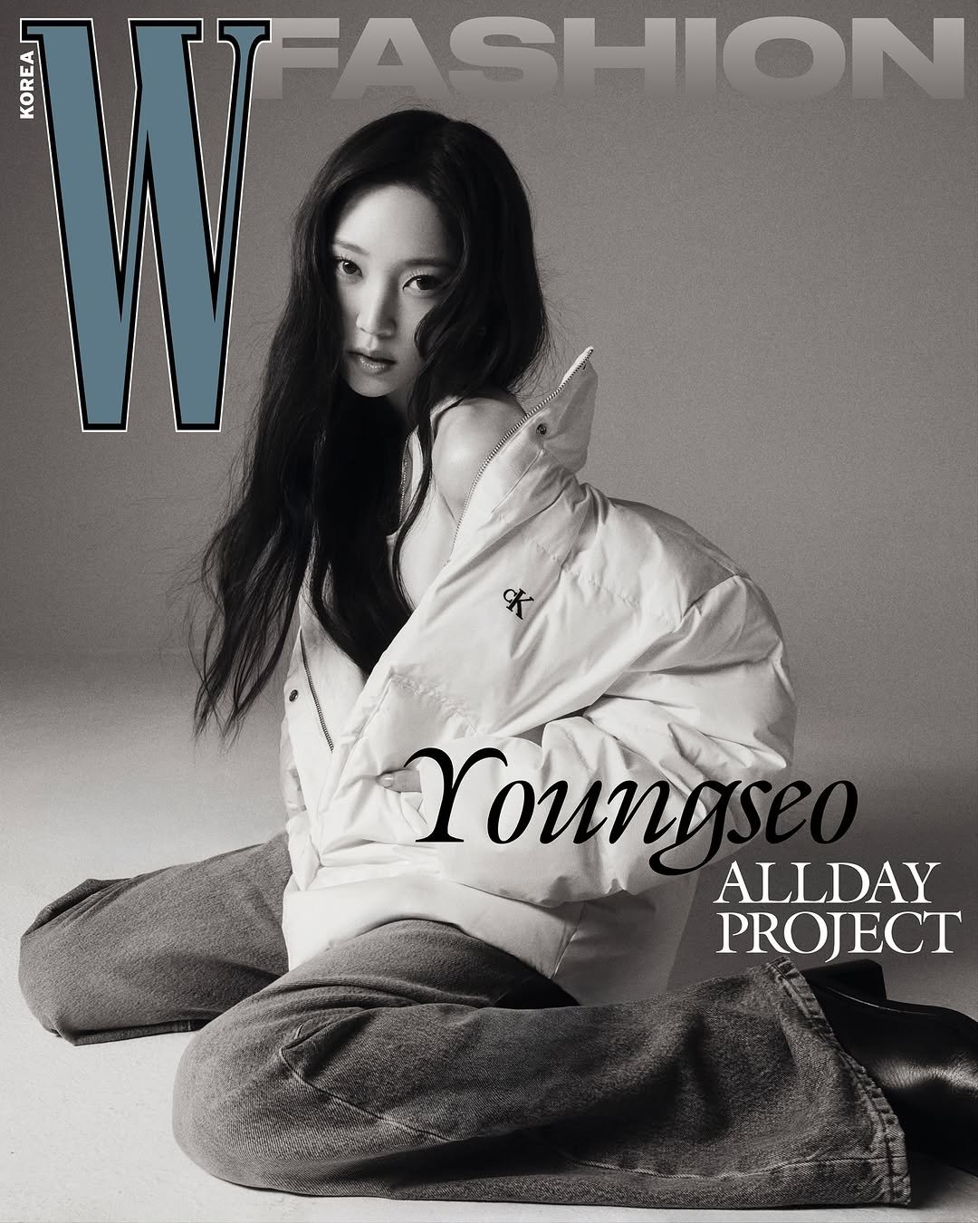 Photo shared by W Korea on November 13, 2025 tagging @allday_project, and @youngseo. May be an image of one or more people, hair, makeup, top, turtleneck, magazine, poster and text that says 'KESA NO TTFASHION Youno ALLDAY PROJECT'.