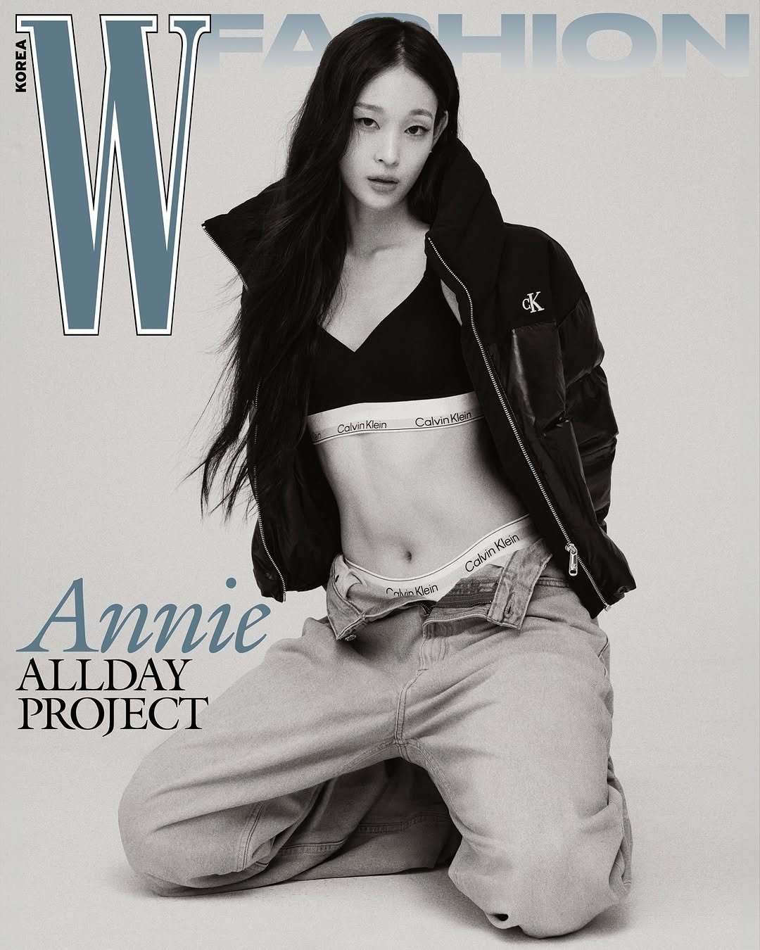 Photo shared by W Korea on November 13, 2025 tagging @anniesymoon, and @allday_project. May be an image of ‎one or more people, makeup, hair, magazine, poster and ‎text that says '‎InO HION c QalinKen Calvinken Klein Cavin Cohinkien Γ ח- Annie ALLDAY PROJECT‎'‎‎.