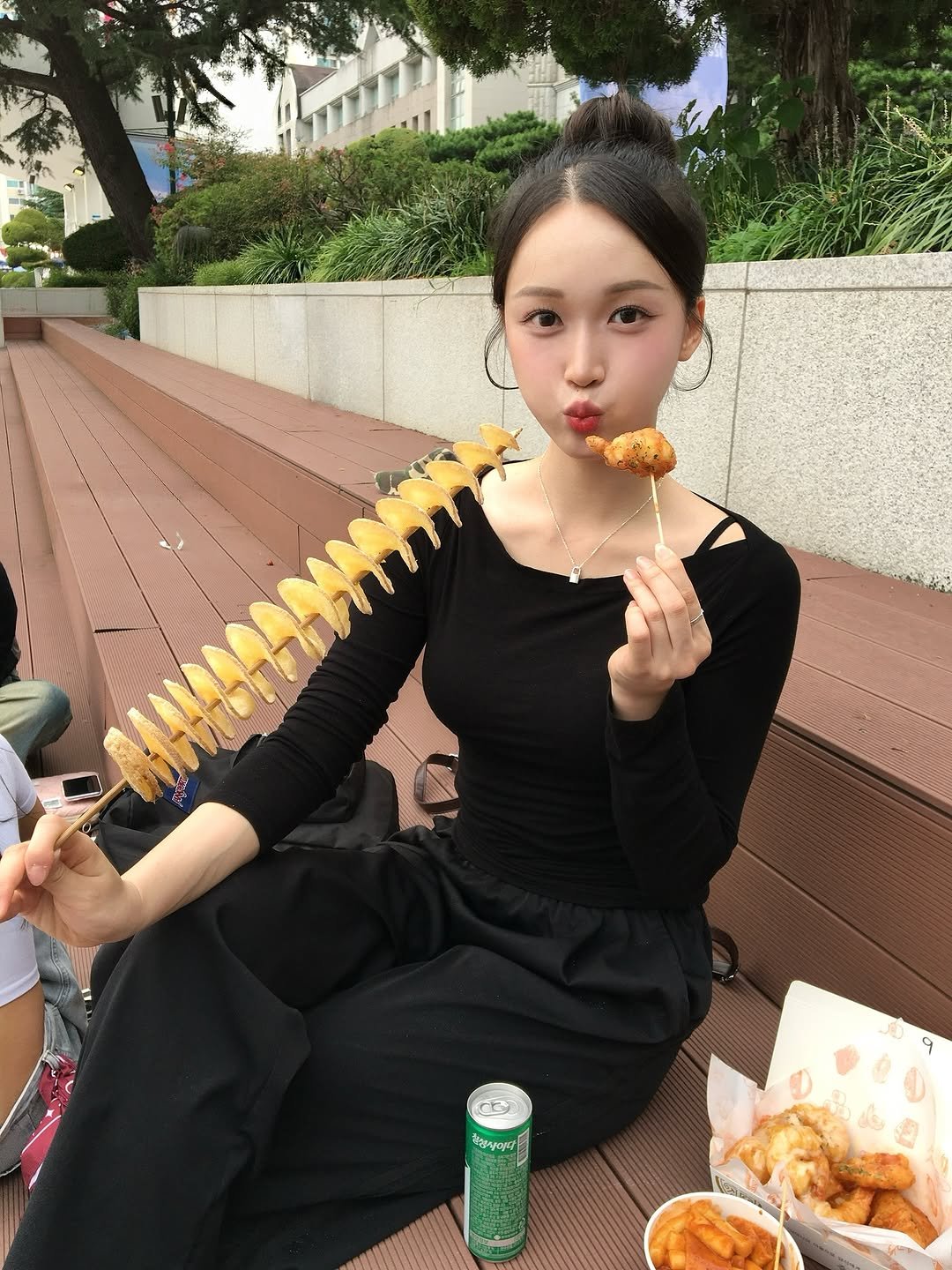 Photo by 우린 on October 01, 2025. May be an image of chicken, skewer, french fries and text.