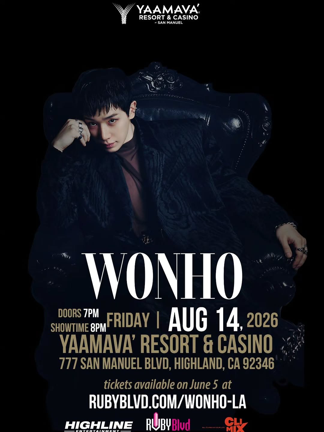 wonho_offcl 게시물 이미지: [📢]
WONHO LIVE AT YAAMAVA'

✔Date
- 2026.08.14...