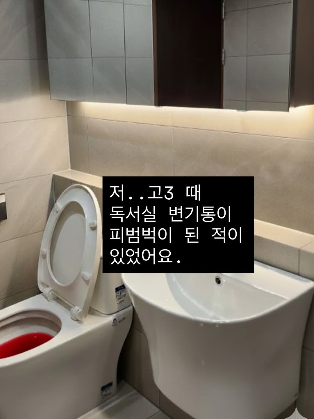 Photo by 우아띵🌿내적외적 성장을 도와요 on December 10, 2025. May be an image of wash basin and text that says '저. 저..고3 고3 때 때 독서실 변기통이 피범벅이 된 적이 있었어요.'.