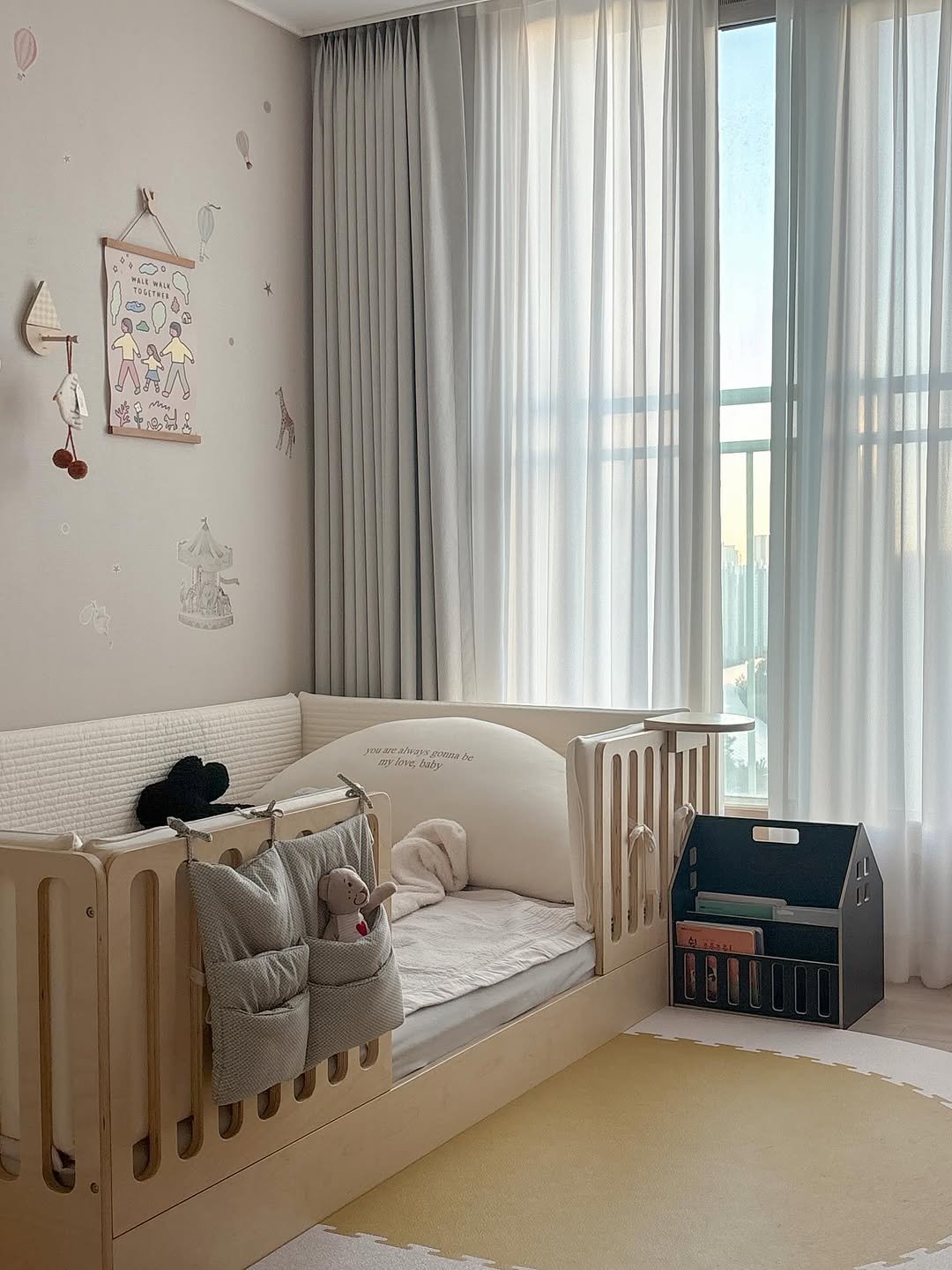 Photo shared by 우디 | 집꾸미기 | 육아 on November 18, 2025 tagging @zarahome, @allforhome_official, @jeudart, @hananestore_official, @alphaofhouse, @slowallee_official, and @bunt_official_. May be an image of mosquito net, baby bed, curtains, mattress, bedroom, indoors and text.