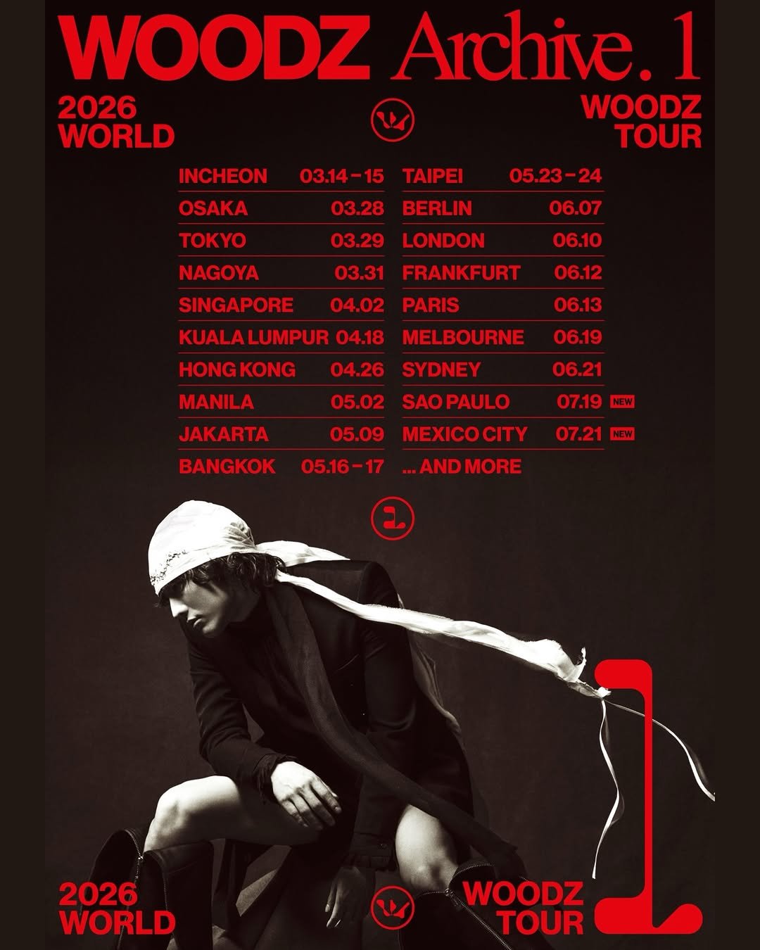 Photo shared by WOODZ OFFICIAL on April 03, 2026 tagging @woodz_dnwm. May be an image of poster, magazine and text that says '03.14- TAIPEI 03.28 05.23-24 BERLIN 03.29 WOODZ Archive. 1 2026 WOODZ WORLD TOUR INCHEON OSAKA O NAGOYA SINGAPORE KUALALUMPUR 04.18 HONGKONG 04.26 MANILA JAKARTA BANGKOK 06.07 03.31 06.10 LONDON FRANKFURT 04.02 06.12 06.13 PARIS MELBOURNE SYDNEY 06.19 05.02 06.21 SAOPAULO 05.09 07.19 MEXICOCITY 05.16-17 07.21 NEW ...ANDMORE ...AND MORE 2026 WORLD WOODZ TOUR'.