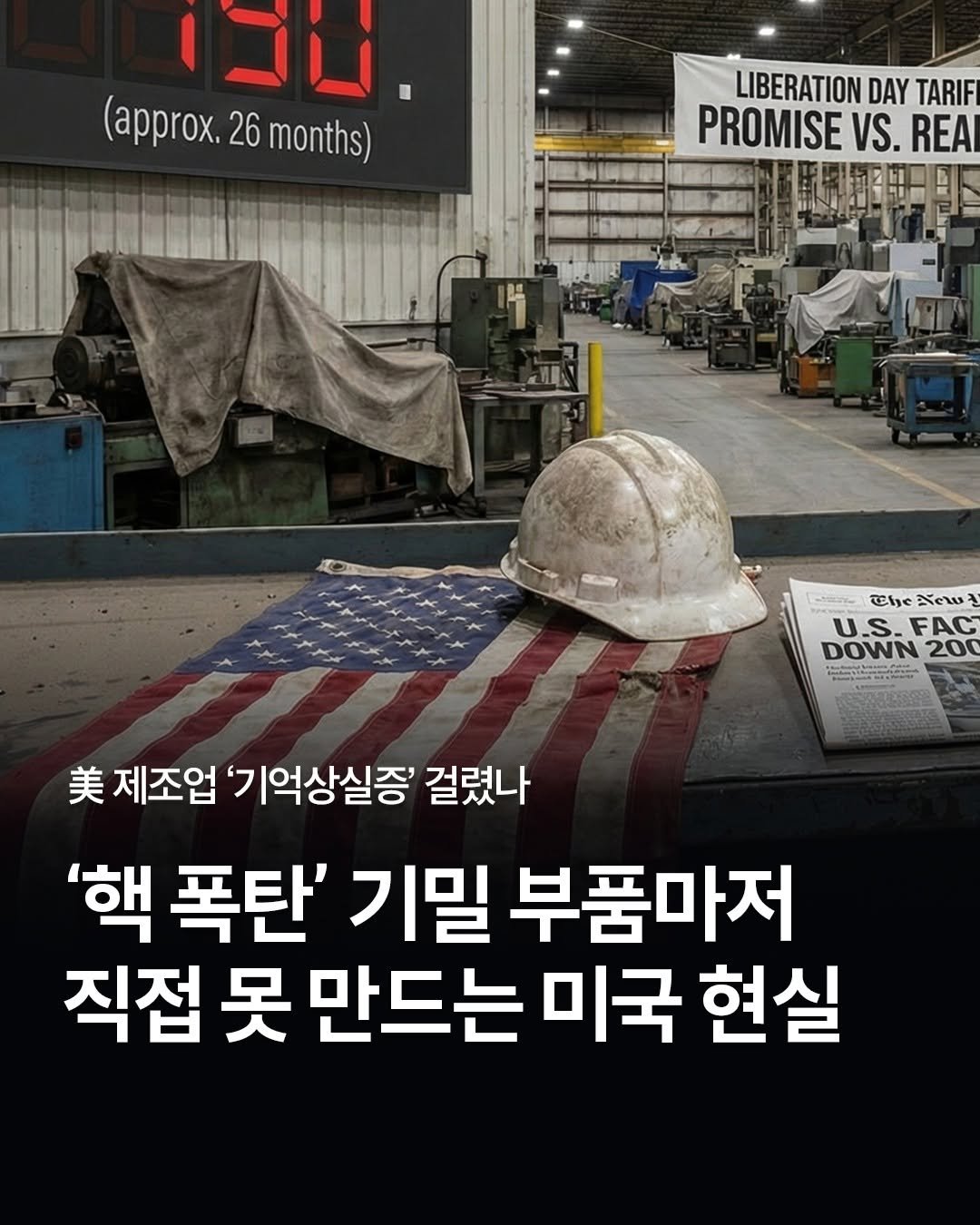 Photo by 웅진지식하우스 on February 12, 2026. May be an image of text that says 'I7U. (approx, (approx.26months) 26 months) LIBERATION DAY TARIF PROMISE VS. REA CIe CIeYe Yew U.S.FAC FAC U.S. DOWN 200 n RENLON ワムーュ DASS H Kp 美 제조업 기억상실증' 걸렸나 '핵 폭탄' 기밀 부품마저 직접 못 만드는 미국 현실'.