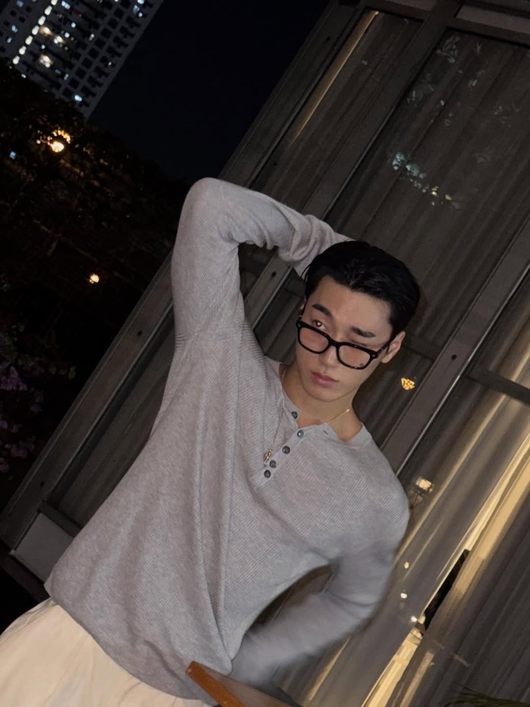 Photo shared by woodeoki on March 15, 2026 tagging @choi3an. May be an image of sweatpants, turtleneck, night and text.