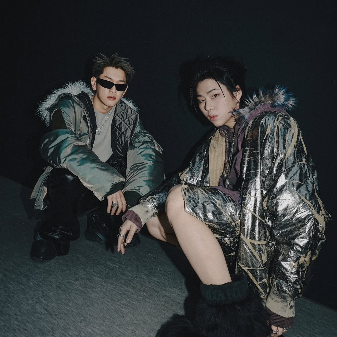 Photo shared by 우지호/ZICO on January 15, 2026 tagging @crush9244. May be an image of one or more people, makeup, goosedown coat, fur coat, duffle coat, parka and bolo tie.