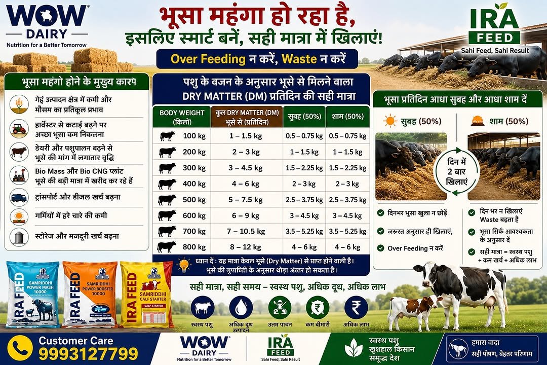 wowdairy 게시물 이미지: 🌾 भूसा महंगा हो रहा है,
इसलिए अब Smart Feeding...