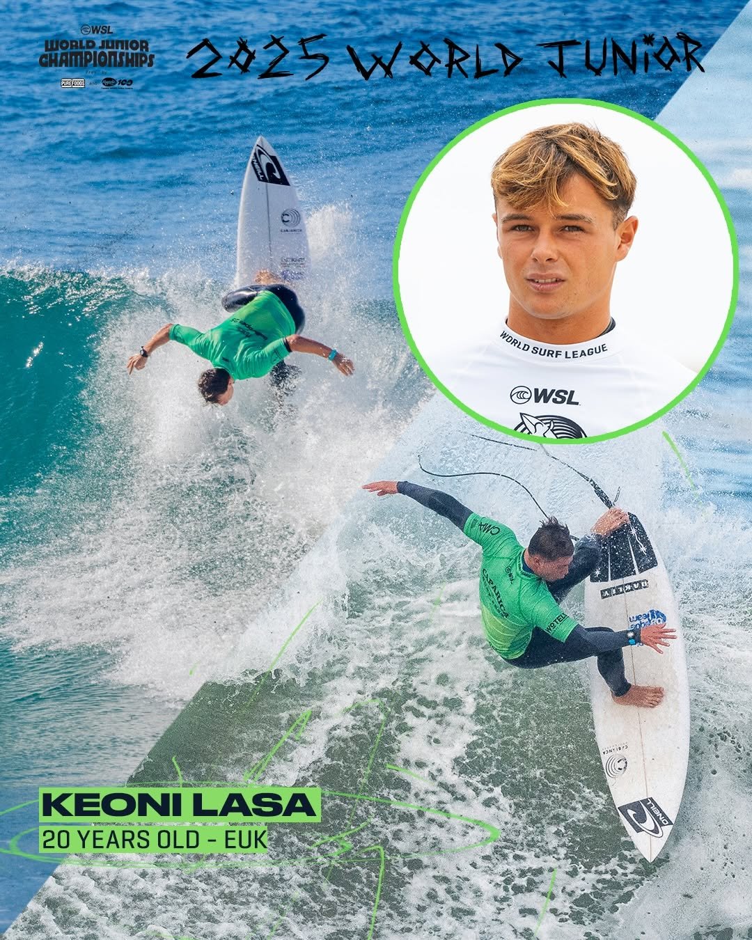 Photo shared by World Surf League on January 06, 2026 tagging @keoni_lasa. May be an image of surfboard, wetsuit, poster, water and text.