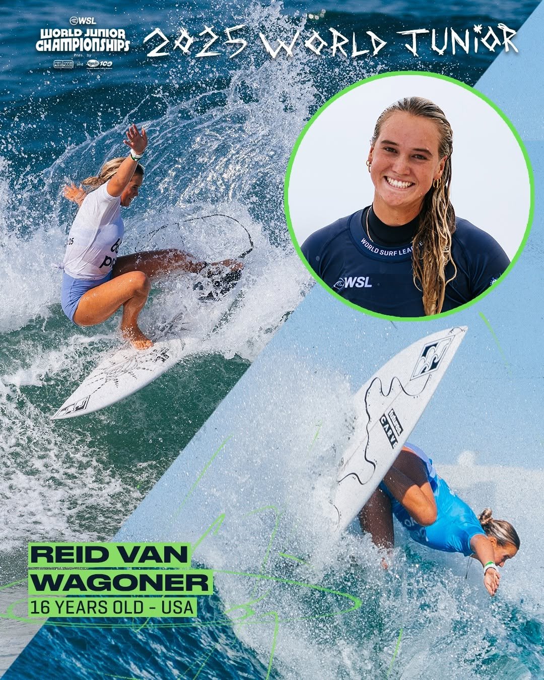 Photo by World Surf League on January 07, 2026. May be an image of ‎surfboard, poster, magazine, wetsuit, water and ‎text that says '‎©WSL WORLD WORLDJUNIOR JUNIOR CHAMPIONSHIPS 2425WARLDTUNI 2々之ラ。金 ARLA TUNIAR Li من NNL 이로 100 1CO ርባ WORLD HOILDSURFLEAT SURF DALDSURFLE SUR CWSL WSL REID VAN 한글는 WAGONER 16 YEARS 6YEARSOLD-USA OLD USA‎'‎‎.