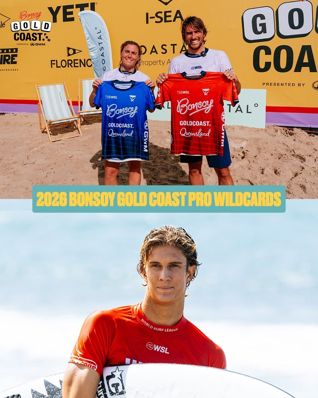 Photo shared by World Surf League on April 27, 2026 tagging @dimity, @reefheazlewood, and @winter_v. May be an image of ‎water and ‎text that says '‎Boreay YET GOOD COAST: I-SEA RE ARD RELOHNDS FLORENC ASTA Property A CWSL G 0 COA PRESENTED: BY 5EWSL Bonsoy 5SWSL Bonsoy GOLDCOAST. Queonsland TAL GOLDCOAST. Lurensand 2026 BONSOY GOLD COAST PRO WILDCARDS แกตน SUR LEAGUE ©WSL مممع 000 ننم‎'‎‎.